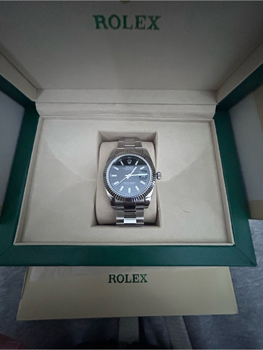 Rolex Silver Stainless Steel Watch with Black Dial